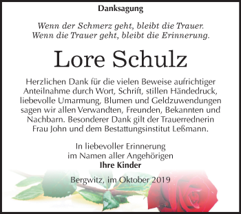 Traueranzeige von Lore Schulz von Mitteldeutsche Zeitung Wittenberg