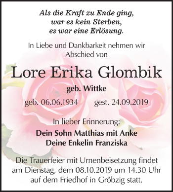 Traueranzeige von Lore Erika Glombik von Wochenspiegel Köthen