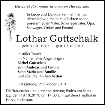 Traueranzeige von Lothar Gottschalk von Super Sonntag Quedlinburg