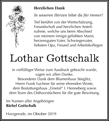 Traueranzeige von Lothar Gottschalk von Super Sonntag Quedlinburg