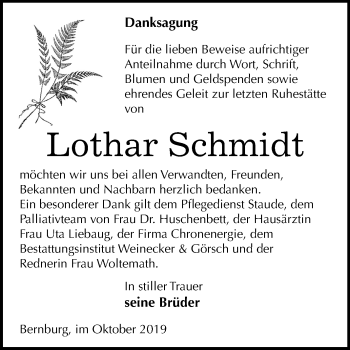 Traueranzeige von Lothar Schmidt von Super Sonntag Bernburg