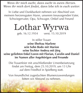Traueranzeige von Lothar Wyrwa von Wochenspiegel Naumburg/Nebra