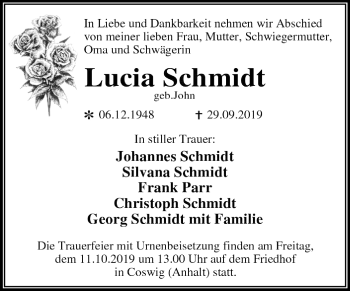 Traueranzeige von Lucia Schmidt von Super Sonntag Wittenberg