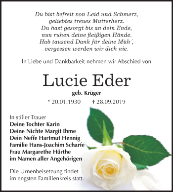 Traueranzeige von Lucie Eder von Mitteldeutsche Zeitung Bitterfeld