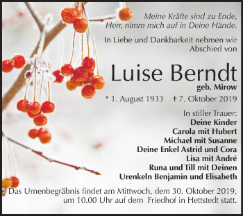 Traueranzeige von Luise Berndt von Wochenspiegel Mansfelder Land
