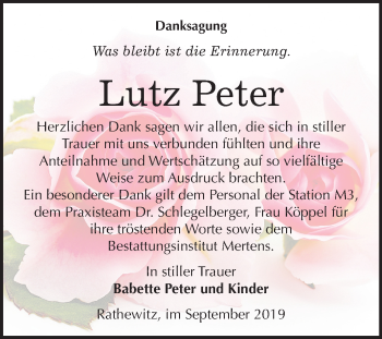 Traueranzeige von Lutz Peter von Wochenspiegel Naumburg/Nebra