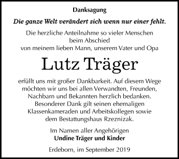 Traueranzeige von Lutz Träger von Wochenspiegel Mansfelder Land