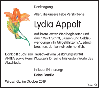 Traueranzeige von Lydia Appolt von Wochenspiegel Weißenfels
