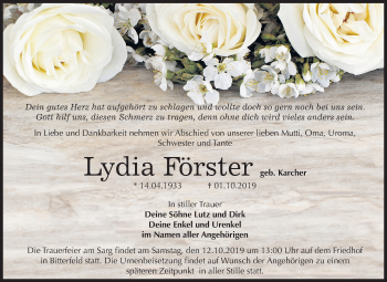 Traueranzeige von Lydia Förster von Mitteldeutsche Zeitung Bitterfeld