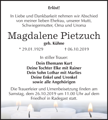 Traueranzeige von Magdalene Pietzuch von Mitteldeutsche Zeitung Köthen