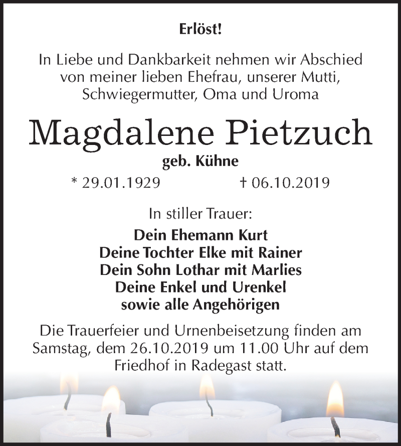  Traueranzeige für Magdalene Pietzuch vom 12.10.2019 aus Super Sonntag Köthen