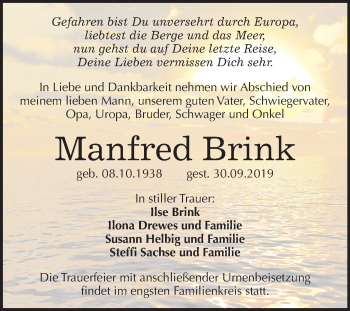 Traueranzeige von Manfred Brink von Mitteldeutsche Zeitung Quedlinburg