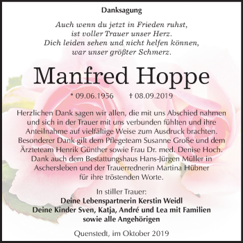 Traueranzeige von Manfred Hoppe von Mitteldeutsche Zeitung Mansfelder Land