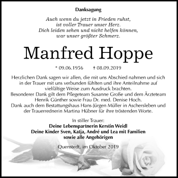Traueranzeige von Manfred Hoppe von Super Sonntag Mansfelder Land