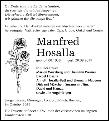 Traueranzeige von Manfred Hosalla von Wochenspiegel Sangerhausen