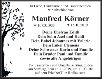Traueranzeige von Manfred Körner von Super Sonntag Dessau-Roßlau