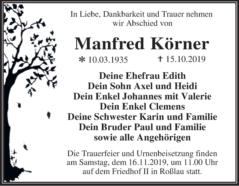  Traueranzeige für Manfred Körner vom 26.10.2019 aus Super Sonntag Dessau-Roßlau