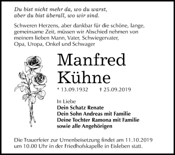 Traueranzeige von Manfred Kühne von Wochenspiegel Mansfelder Land