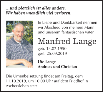 Traueranzeige von Manfred Lange von Wochenspiegel Aschersleben