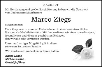 Traueranzeige von Marco Ziegs von Mitteldeutsche Zeitung Sangerhausen