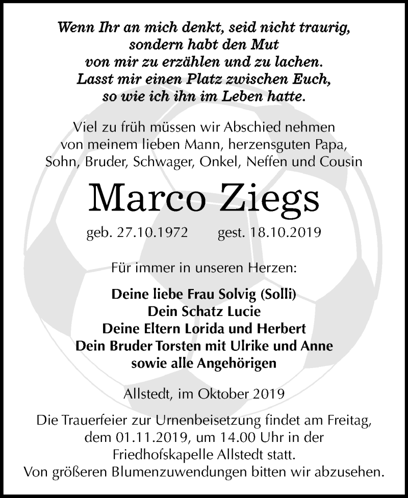  Traueranzeige für Marco Ziegs vom 26.10.2019 aus Super Sonntag Sangerhausen