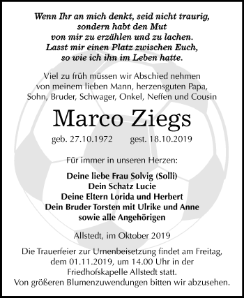 Traueranzeige von Marco Ziegs von Mitteldeutsche Zeitung Sangerhausen