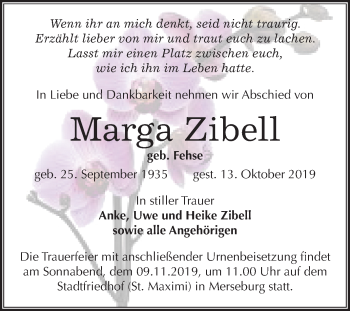 Traueranzeige von Marga Zibell von Mitteldeutsche Zeitung Merseburg/Querfurt