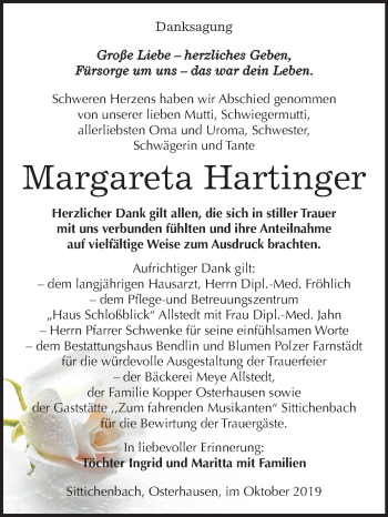Traueranzeige von Margareta Hartfinger von Mitteldeutsche Zeitung Mansfelder Land