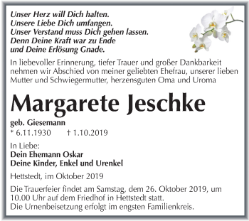 Traueranzeige von Margarete Jeschke von Super Sonntag Mansfelder Land
