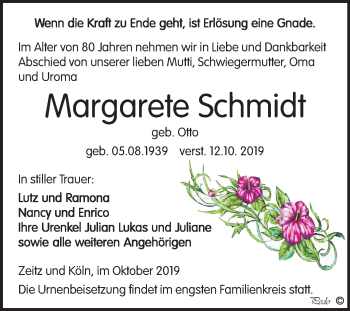 Traueranzeige von Margarete Schmidt von Mitteldeutsche Zeitung Zeitz
