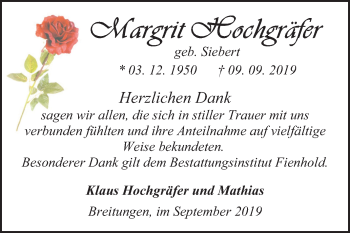 Traueranzeige von Margit Hochgräfer von Super Sonntag Sangerhausen