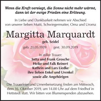 Traueranzeige von Margitta Marquardt von Mitteldeutsche Zeitung Mansfelder Land