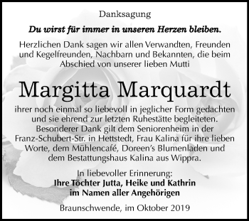 Traueranzeige von Margitta Marquardt von Mitteldeutsche Zeitung Mansfelder Land