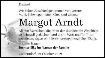 Traueranzeige von Margot Arndt von Mitteldeutsche Zeitung Bitterfeld