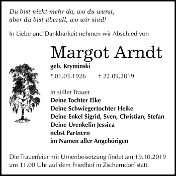 Traueranzeige von Margot Arndt von Mitteldeutsche Zeitung Bitterfeld