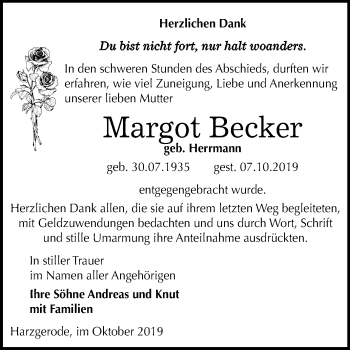 Traueranzeige von Margot Becker von Super Sonntag Quedlinburg