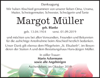 Traueranzeige von Margot Müller von Wochenspiegel Aschersleben