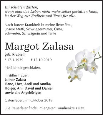 Traueranzeige von Margot Zalasa von Super Sonntag Aschersleben