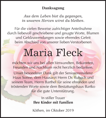 Traueranzeige von Maria Fleck von Mitteldeutsche Zeitung Köthen