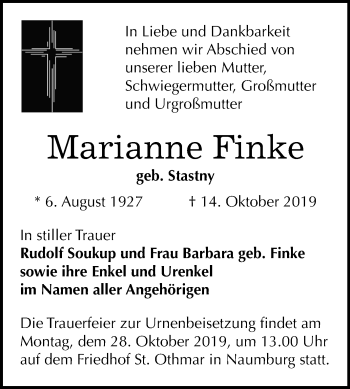 Traueranzeige von Marianne Finke von Mitteldeutsche Zeitung Naumburg/Nebra