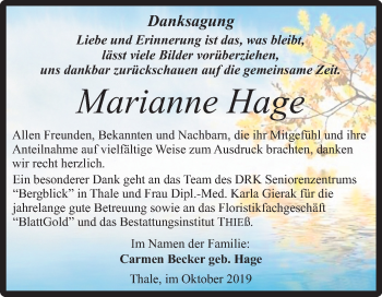 Traueranzeige von Marianne Hage von Super Sonntag Quedlinburg