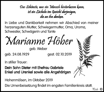 Traueranzeige von Marianne Höber von Wochenspiegel Weißenfels