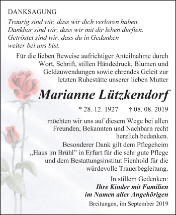 Traueranzeige von Marianne Lützkendorf von Mitteldeutsche Zeitung Sangerhausen
