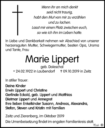 Traueranzeige von Marie Lippert von Super Sonntag Zeitz