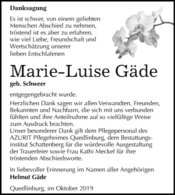Traueranzeige von Marie-Luise Gäde von Mitteldeutsche Zeitung Quedlinburg