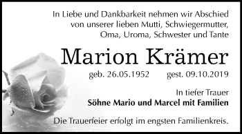 Traueranzeige von Marion Krämer von Mitteldeutsche Zeitung Bernburg
