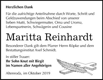 Traueranzeige von Maritta Reinhardt von Mitteldeutsche Zeitung Naumburg/Nebra
