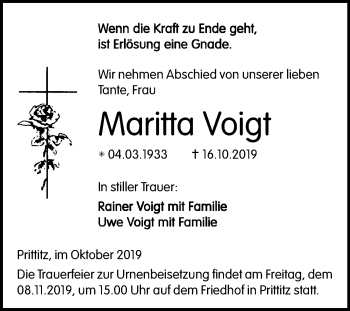 Traueranzeige von Maritta Voigt von Mitteldeutsche Zeitung Weißenfels