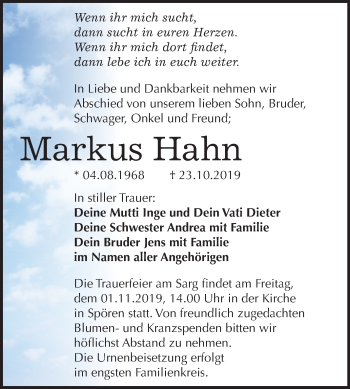 Traueranzeige von Markus Hahn von Mitteldeutsche Zeitung Bitterfeld