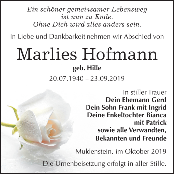 Traueranzeige von Marlies Hofmann von Wochenspiegel Bitterfeld